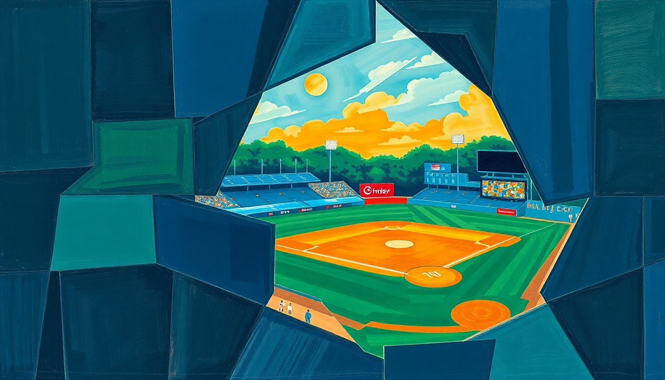 A fragmented, multi-angled painting depicting a high school baseball game, with sharp geometric shapes in navy, green, and orange representing the players, field, and crowd in an abstract, cubist style.