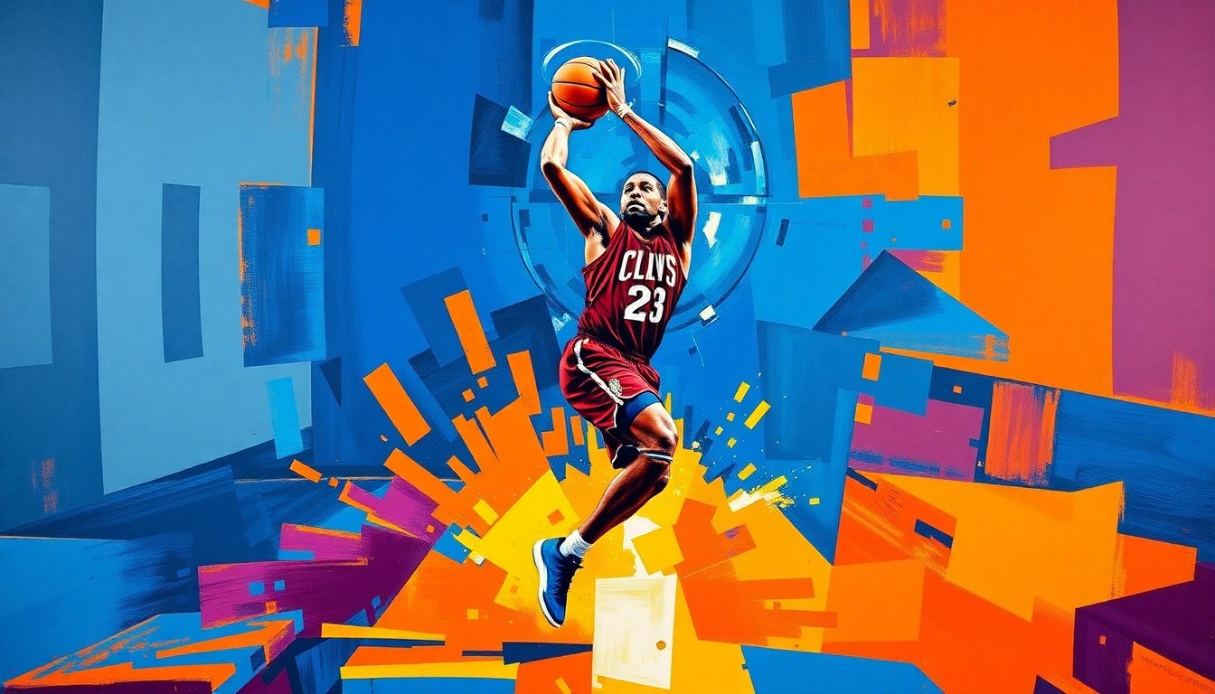 A cubist-style painting depicting the explosive movements and energy of a basketball player, with sharp geometric shapes and planes in a vibrant color palette.