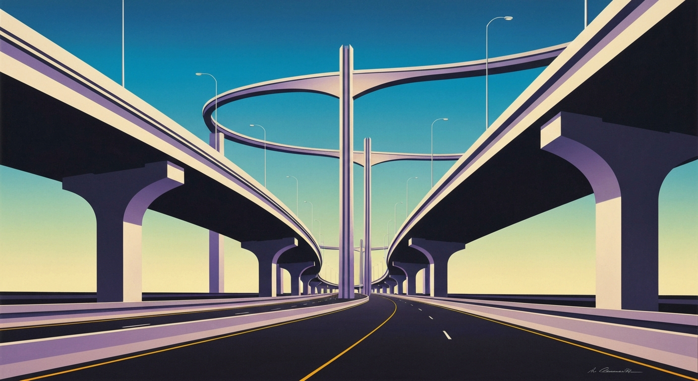 A highly stylized, geometric illustration depicting the towering scale of a highway overpass or interchange, rendered in smooth, airbrushed gradients of blues and grays, conveying the grand, monumental nature of transportation infrastructure.