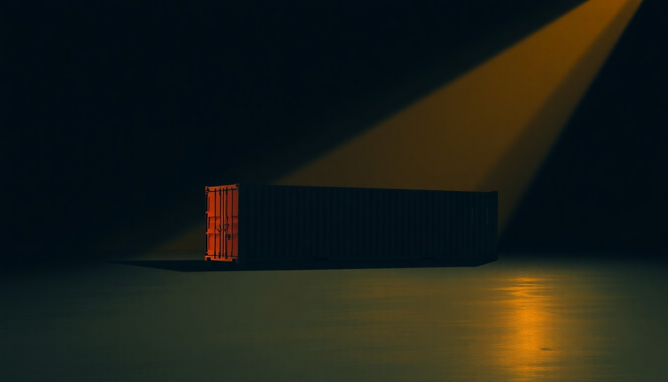 A dimly lit, cinematic painting of a solitary shipping container or cargo ship in a port, with warm diagonal sunlight and deep shadows, conceptually representing the economic uncertainty and divisive trade policies surrounding the potential restoration of Trump-era tariffs.