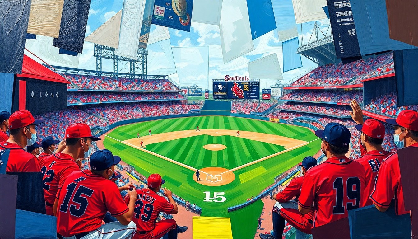 A fragmented, geometric painting in bold primary colors depicting a baseball game in motion, with players and the field broken down into sharp, overlapping planes.