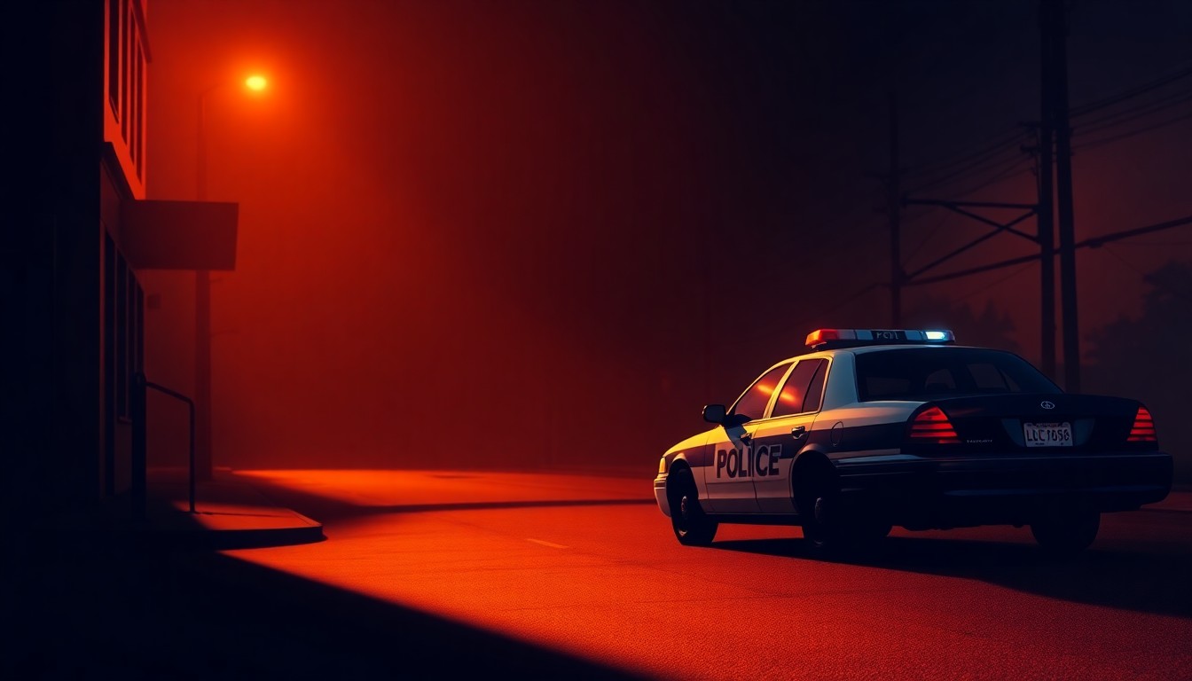 A cinematic painting of a lone police car parked on a shadowy urban street, capturing a quiet, contemplative mood around the upcoming sheriff's election.