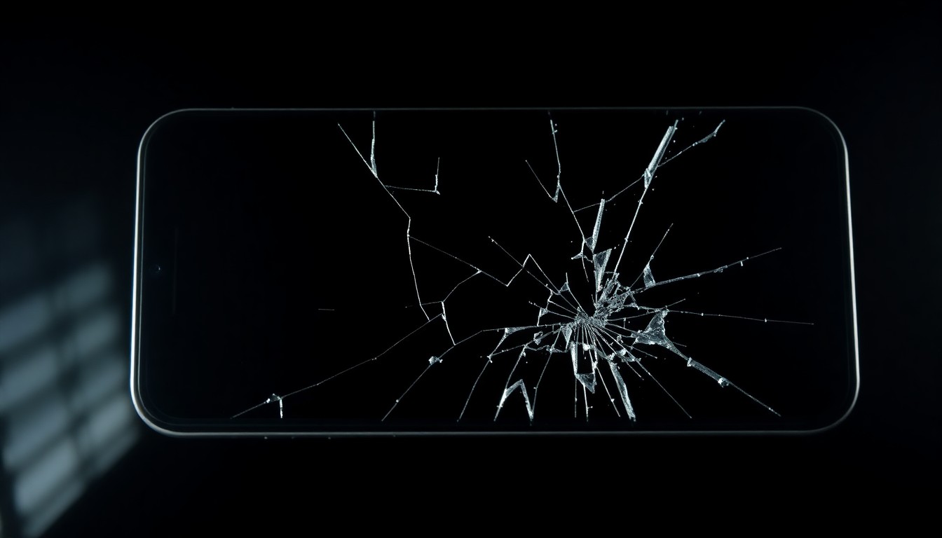 An extreme close-up photograph of a cracked and damaged smartphone screen, conceptually representing the dangers of distracted driving.