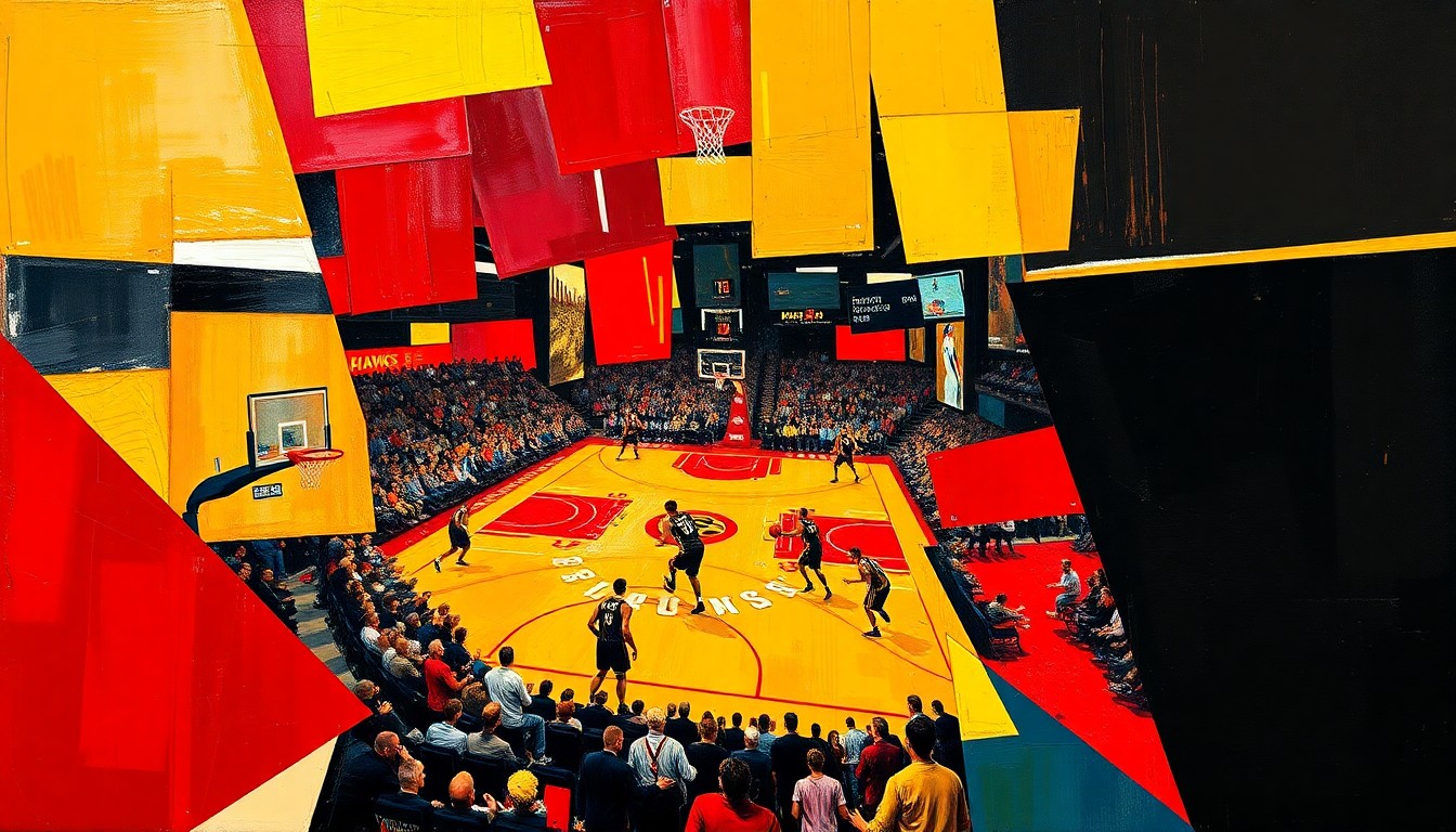 A cubist, geometric painting depicting a Hawks basketball game, with sharp, overlapping planes of red, gold, and black representing the dynamic action on the court.