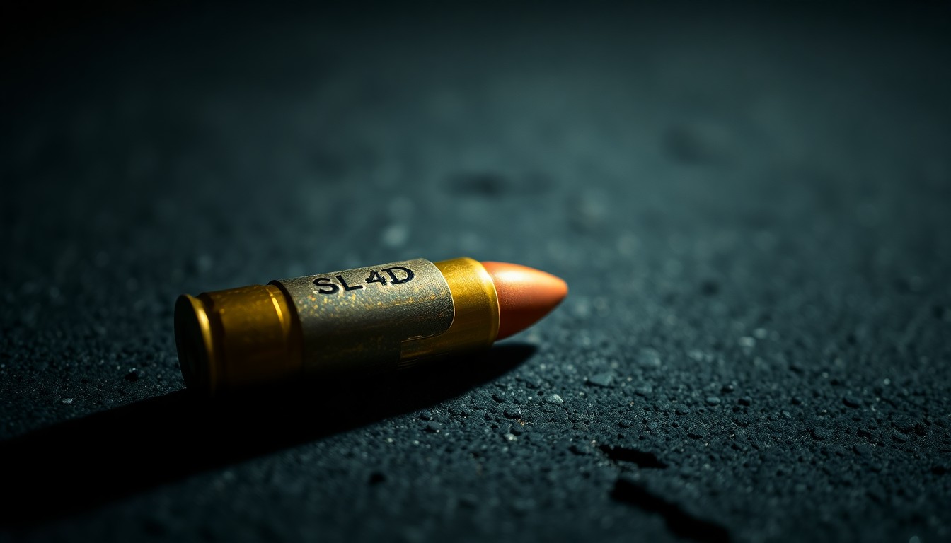 An extreme close-up photograph of a spent bullet casing on a dark concrete surface, conceptually illustrating the aftermath of a shooting incident.