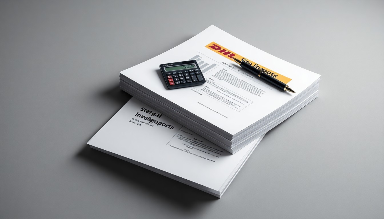 A minimalist studio still life photograph featuring a stack of financial reports, a calculator, and a pen arranged elegantly on a clean, monochromatic grey background, conveying the analytical and strategic nature of the Site Financial Analyst role at DHL.