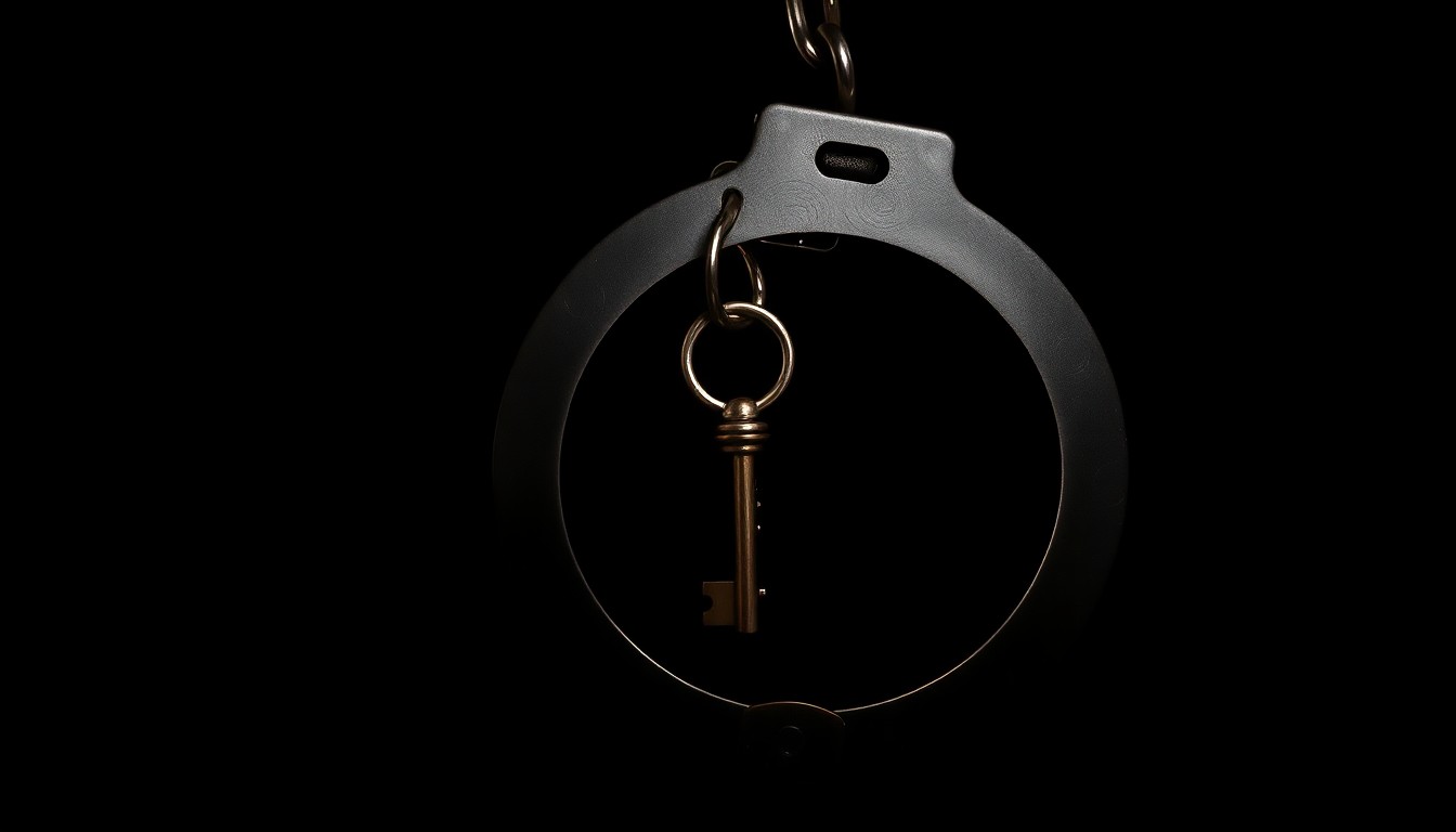 An extreme close-up photograph of a shiny metal handcuff key against a pitch-black background, conceptually representing the ongoing struggle for justice by the wrongfully convicted.
