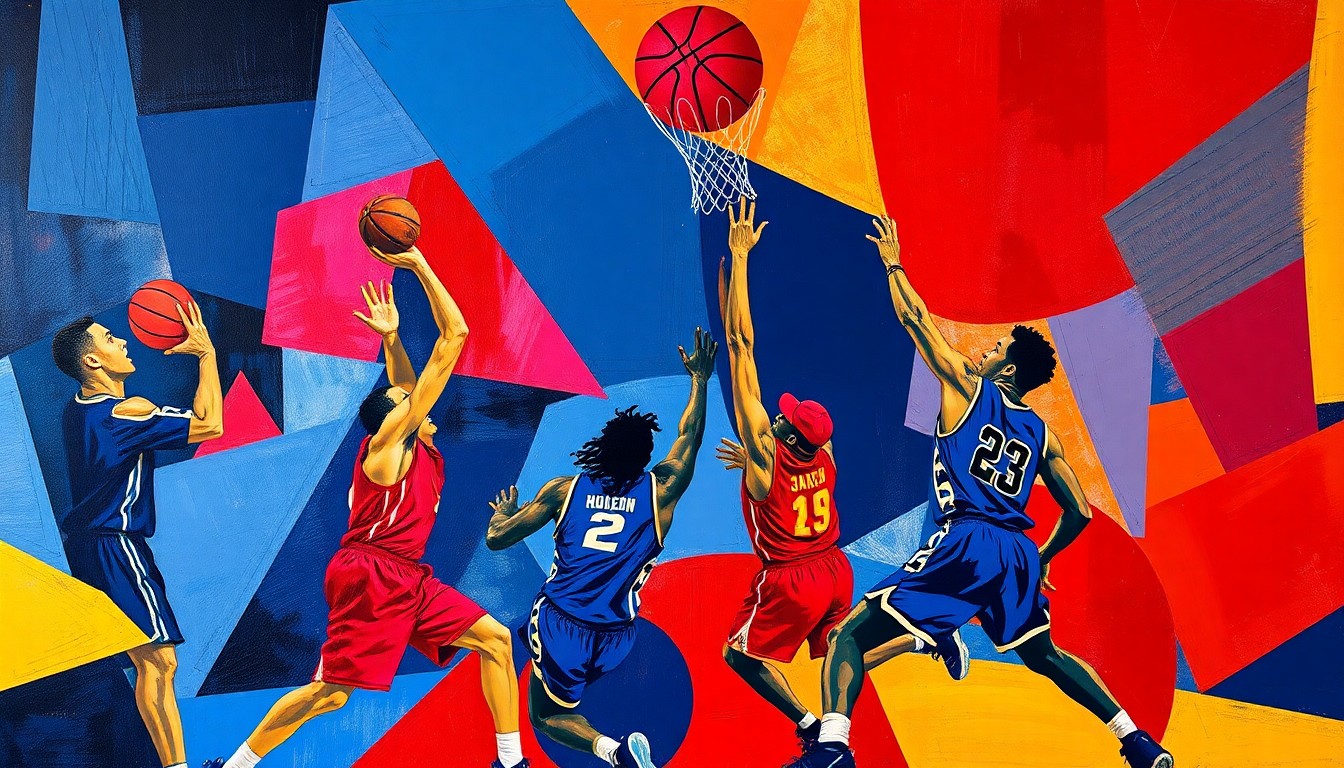 A fragmented, geometric painting in bold colors depicting the abstracted forms of basketball players in motion, conveying the conceptual energy and transition of a college basketball program rebuilding its roster.
