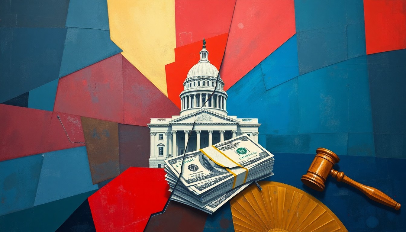 An abstract, fragmented painting in bold colors depicting government and financial symbols, conceptually representing the controversy over a federal earmark and the need for greater accountability.