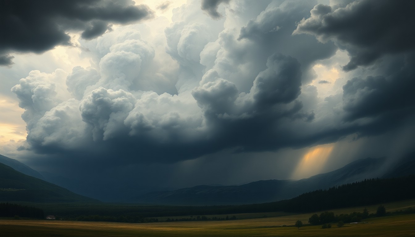 A sweeping, atmospheric landscape painting depicting a massive, swirling thunderstorm system dominating the horizon, with the faint outline of the Chicago skyline barely visible in the distance, conveying the sublime and awe-inspiring force of nature.