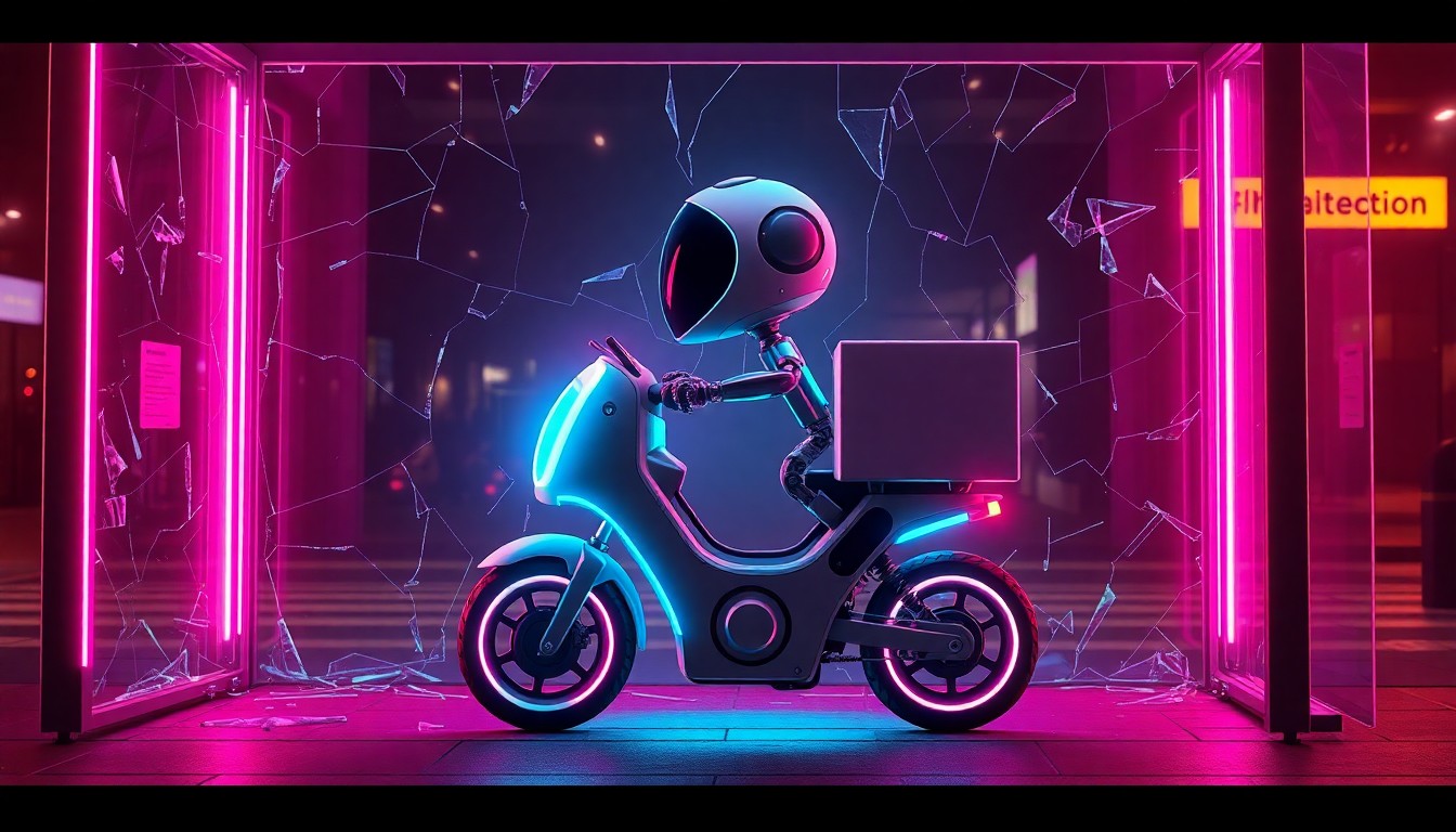 A highly detailed, 3D rendered illustration of a glowing, neon-lit delivery robot surrounded by the shattered glass of a bus shelter, conceptually representing the integration of autonomous technology into dense urban spaces.