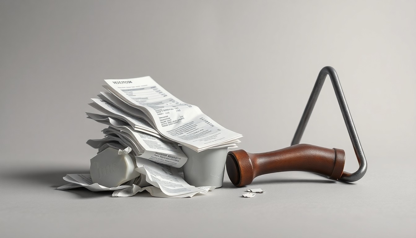 A photorealistic studio still life featuring a stack of crumpled receipts, a broken furniture leg, and a bent metal frame against a clean, monochromatic grey background, conceptually representing the damage caused to consumers by 1StopBedrooms' deceptive business practices.