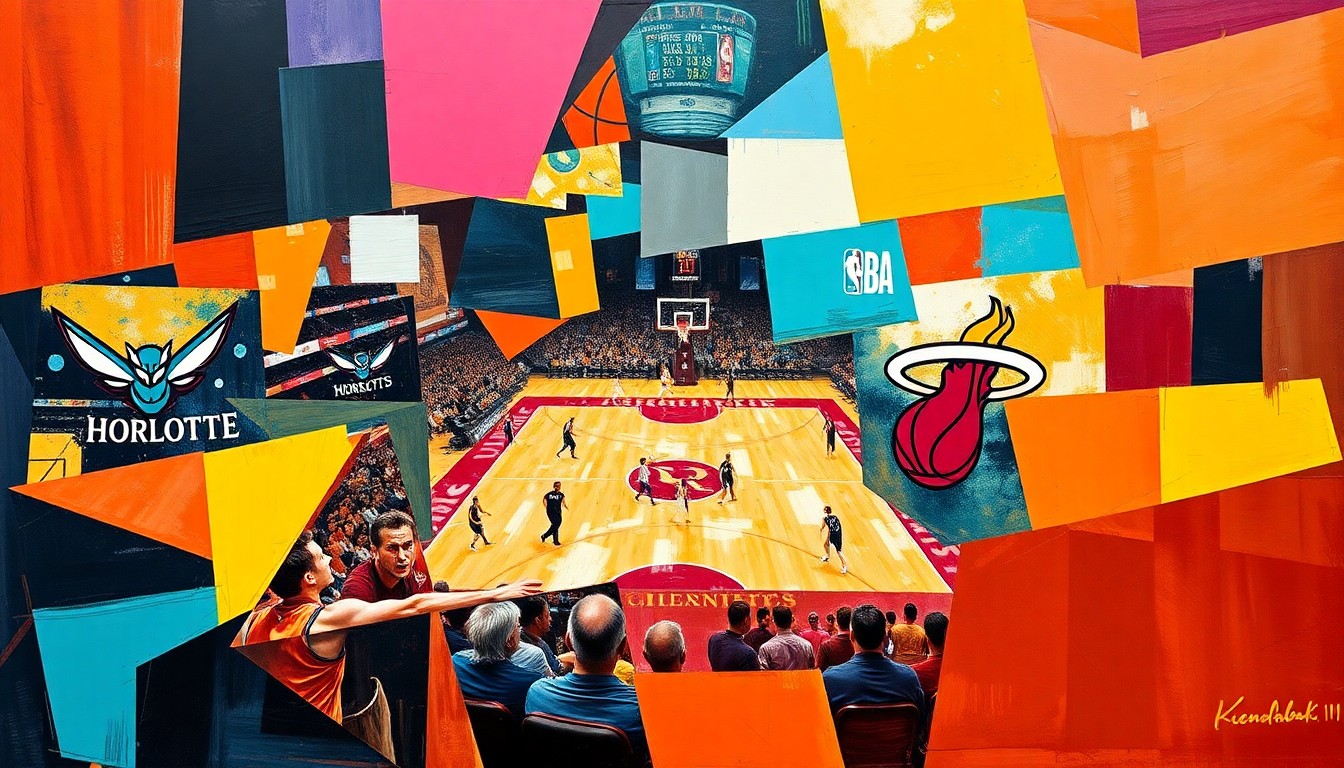 A fragmented, geometric painting depicting a basketball game, with overlapping shapes and planes in vibrant colors representing the action on the court.