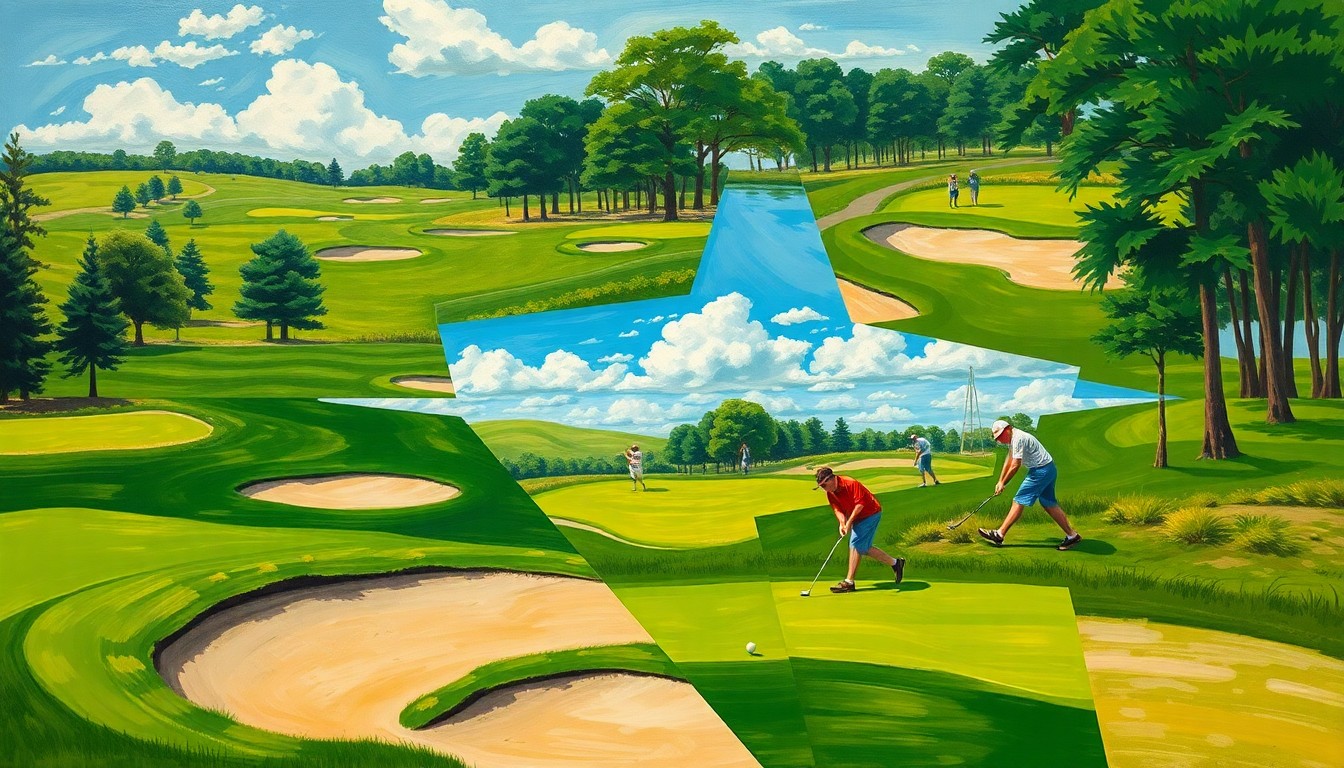 A fragmented, geometric painting depicting the overlapping planes and perspectives of a golf course, with golfers and golf equipment rendered in an abstract, cubist style.