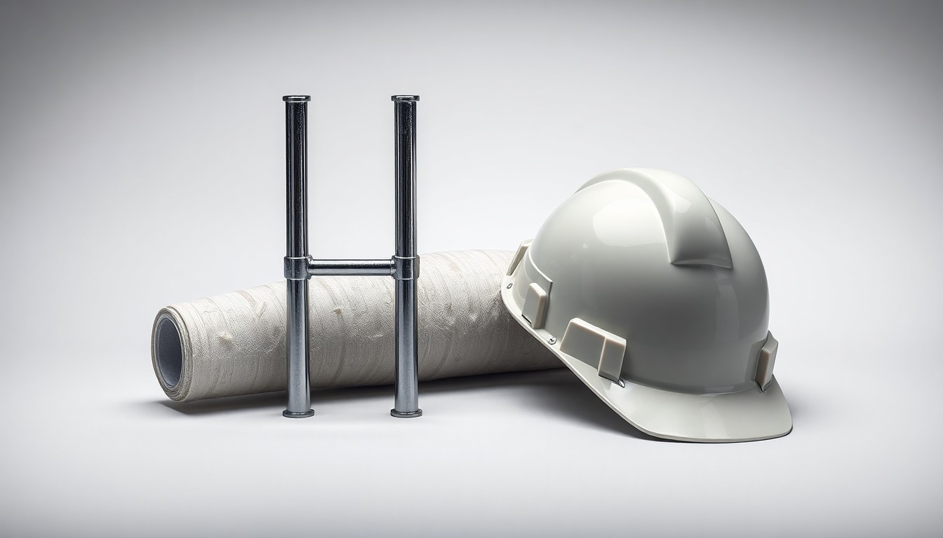 A high-end, photorealistic studio still-life photograph featuring a polished metal scaffold joint, a coil of insulation material, and a hardhat arranged elegantly on a clean, monochromatic background, conceptually representing the quality and attention to detail of General Insulation's services.