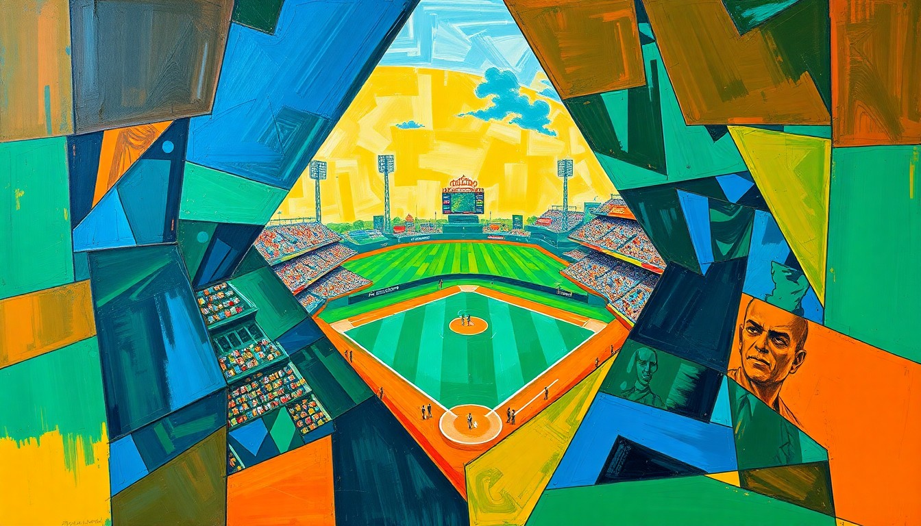 A fragmented, geometric painting in bold colors depicting a baseball game or match, with players and field elements broken down into sharp, overlapping shapes and planes, conveying the fluid nature of the Padres' lineup and Tatis Jr.'s positional flexibility.