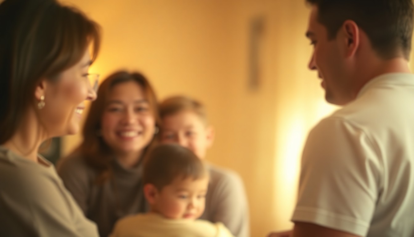 An abstract, impressionistic photograph of a blurred family gathering, with soft, warm tones and hazy, dreamlike lighting creating an intimate, emotional scene.