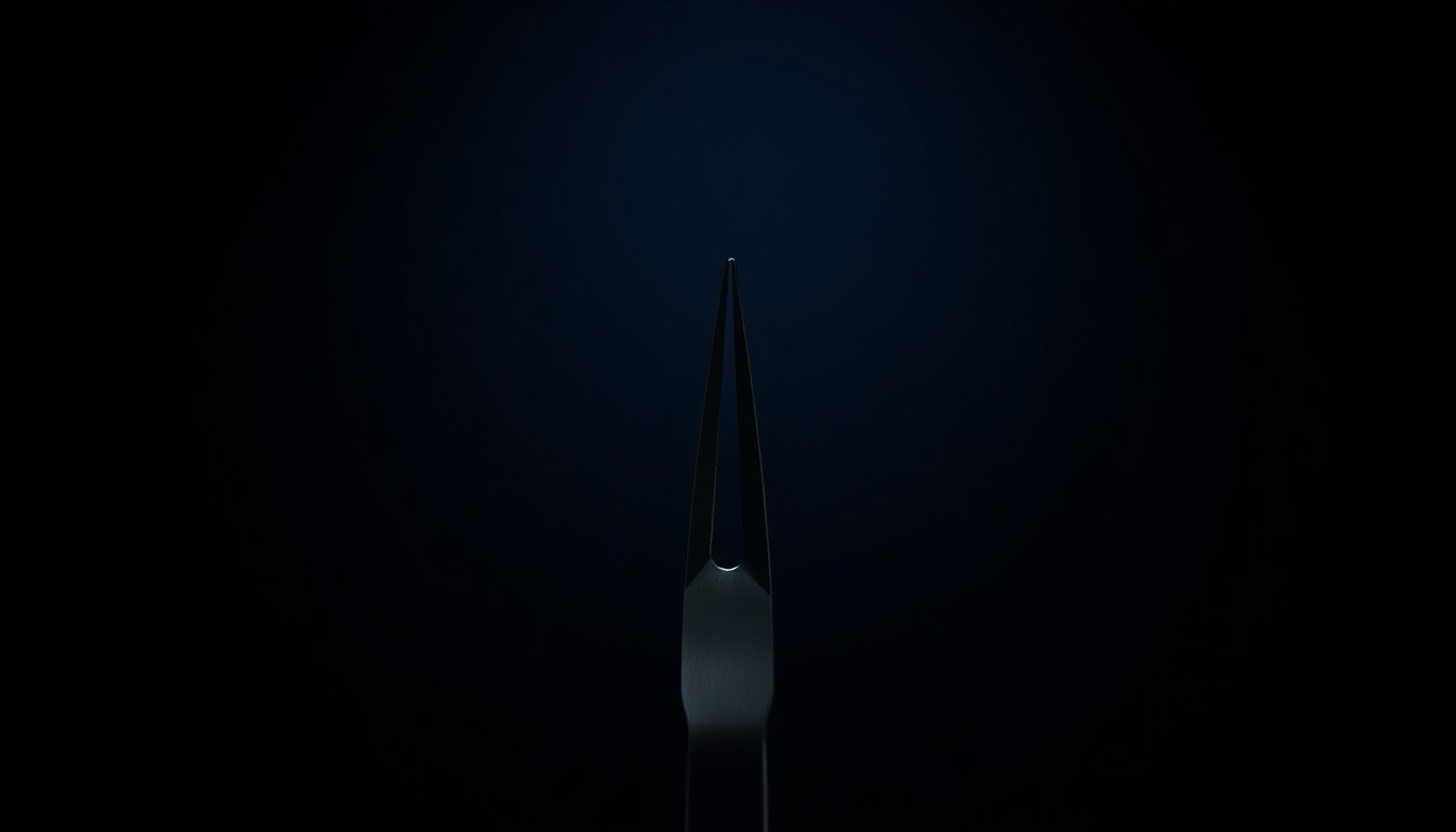 An extreme close-up photograph of a medical scalpel against a pitch-black background, the harsh flash creating dramatic shadows and highlights that conceptually illustrate the serious breach of trust and patient safety at the heart of this fraud case.