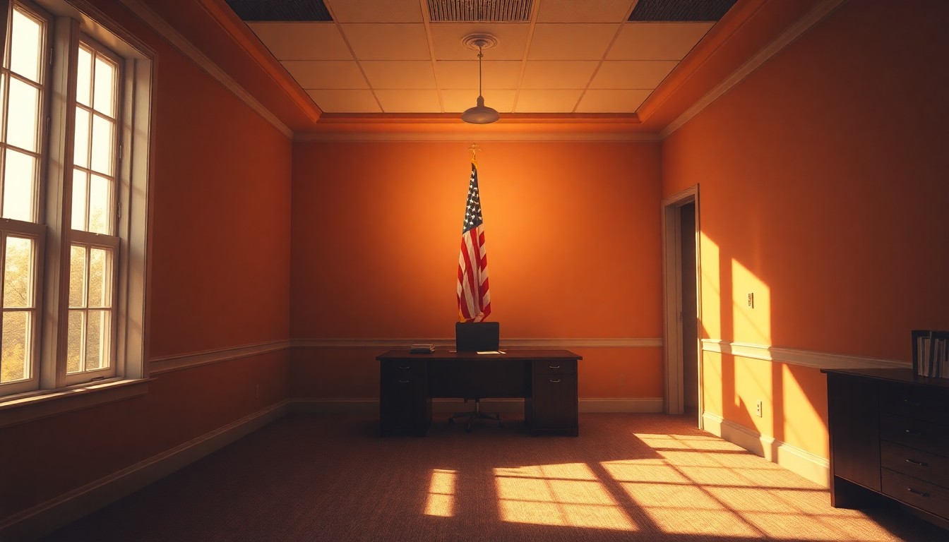 A cinematic painting of an empty political office space, with warm sunlight streaming through the windows and deep shadows casting across the room. An American flag hangs solemnly in the background, creating a contemplative and nostalgic mood.
