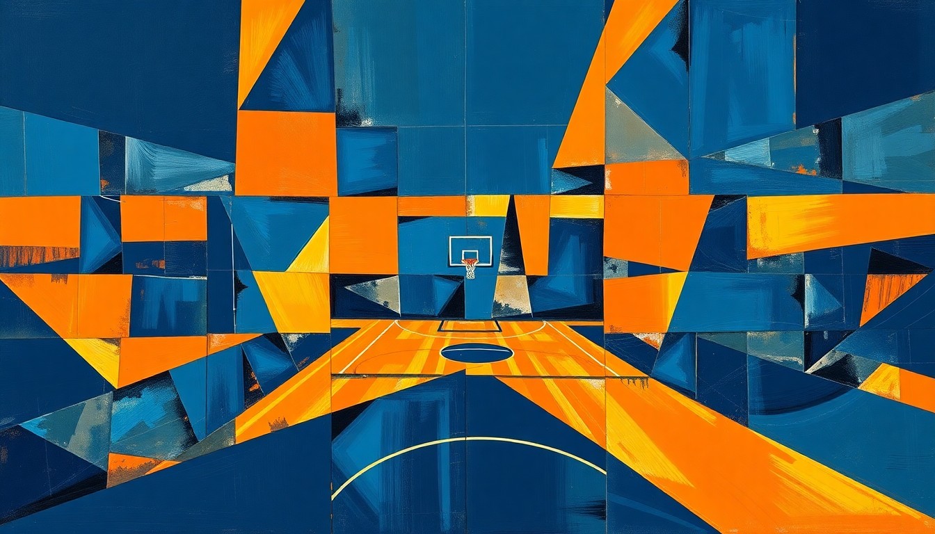 A cubist, geometric painting depicting fragmented, overlapping shapes and planes in shades of navy, orange, and gold, conceptually representing the dynamic energy and competitive spirit of a basketball game or match.