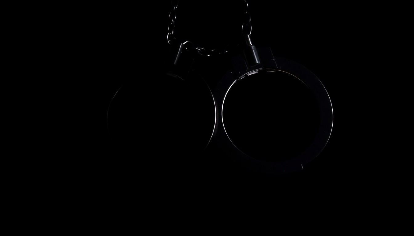 An extreme close-up photograph of police handcuffs against a pitch-black background, lit by a harsh, direct camera flash, conceptually representing the heightened law enforcement response to the upcoming 'Crush Reloaded' event on Tybee Island.