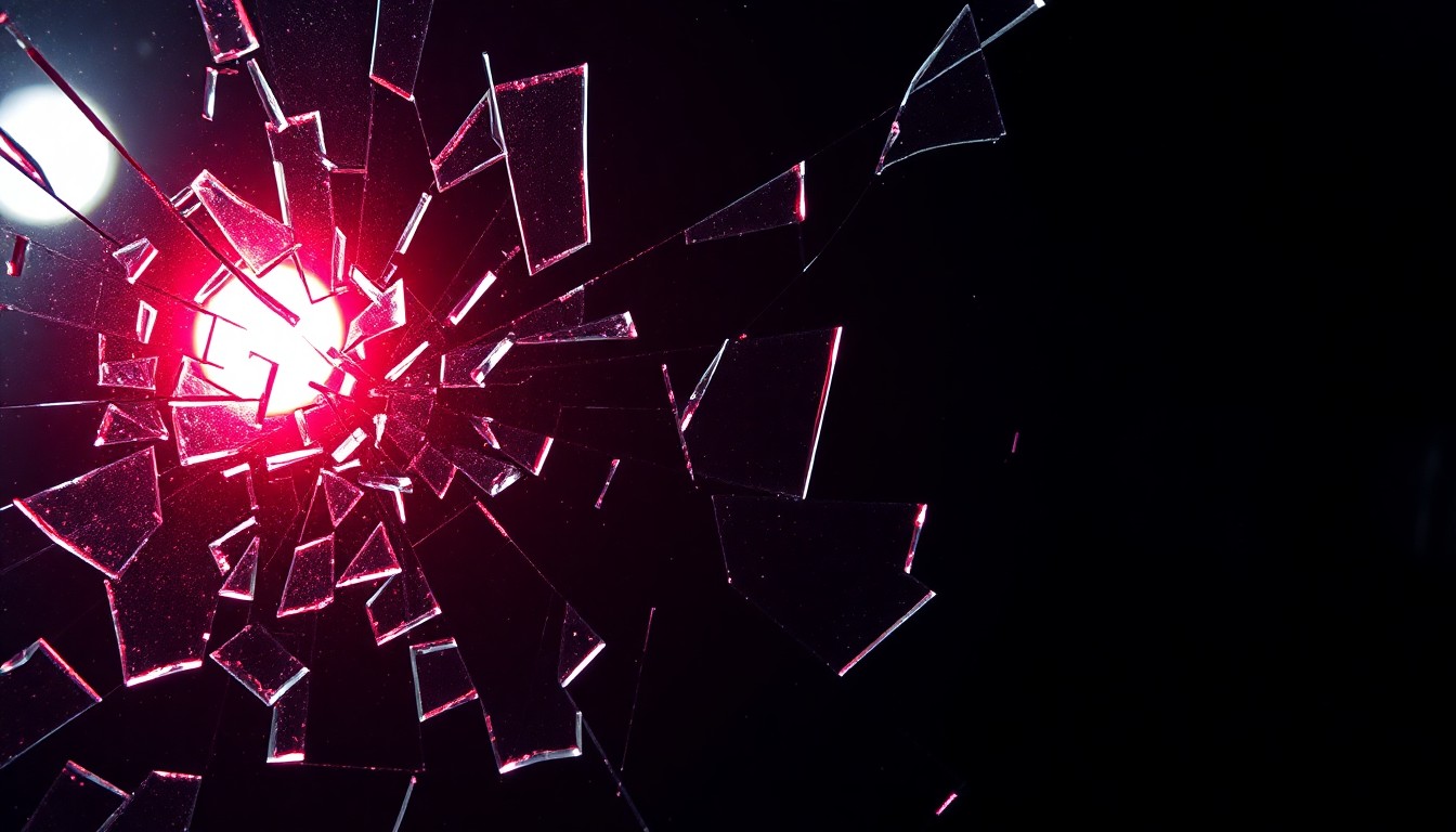 An abstract close-up photograph of shattered glass reflecting a faint red light, conveying the emotional turmoil and breakdown of a high-profile celebrity marriage.