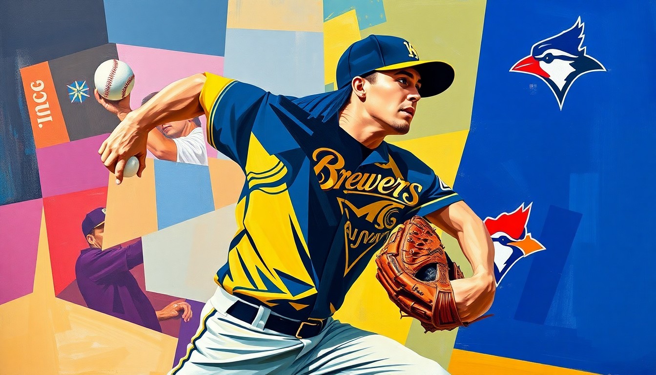 A fragmented, geometric painting depicting the overlapping planes and angles of a baseball pitcher's throwing motion, rendered in the bold, colorful style of Pablo Picasso.