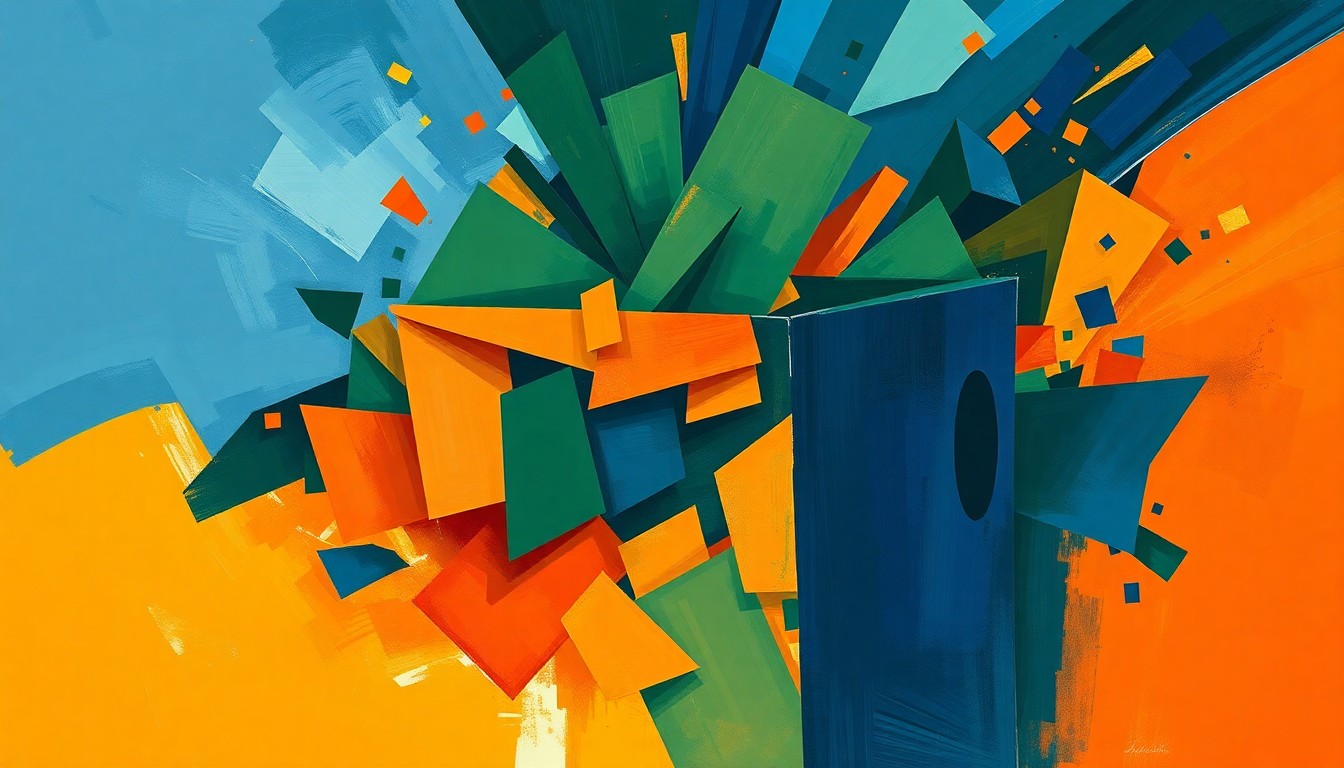 A vibrant, fragmented painting of a voting booth or ballot box in shades of blue, green, and orange, conveying the dynamic energy of a political movement challenging the status quo.