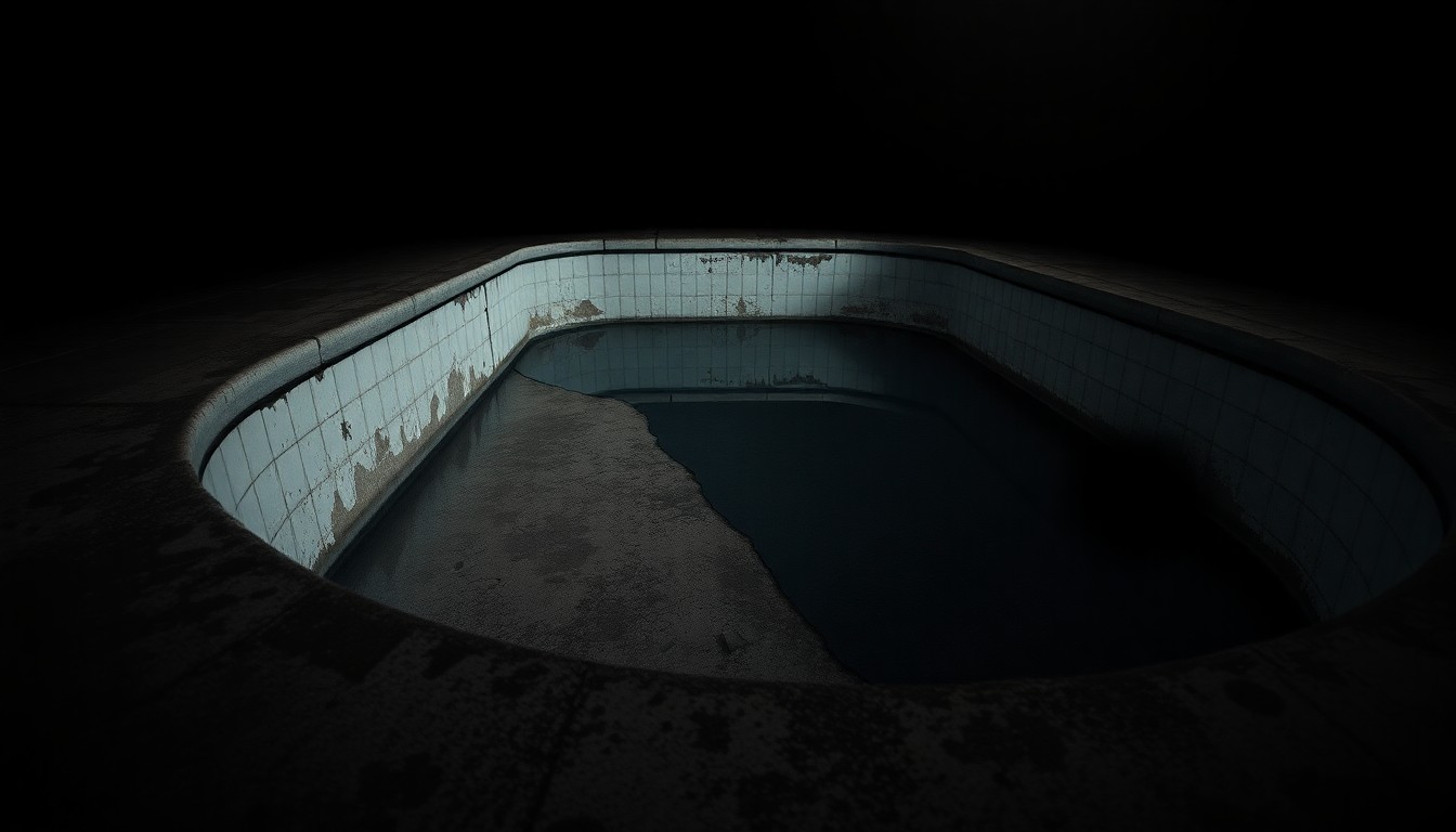 An extreme close-up photograph of a partially-drained, cracked and dirty swimming pool, lit by a harsh, direct camera flash against a pitch-black background, conceptually illustrating the abandoned pool projects at the center of this consumer fraud case.