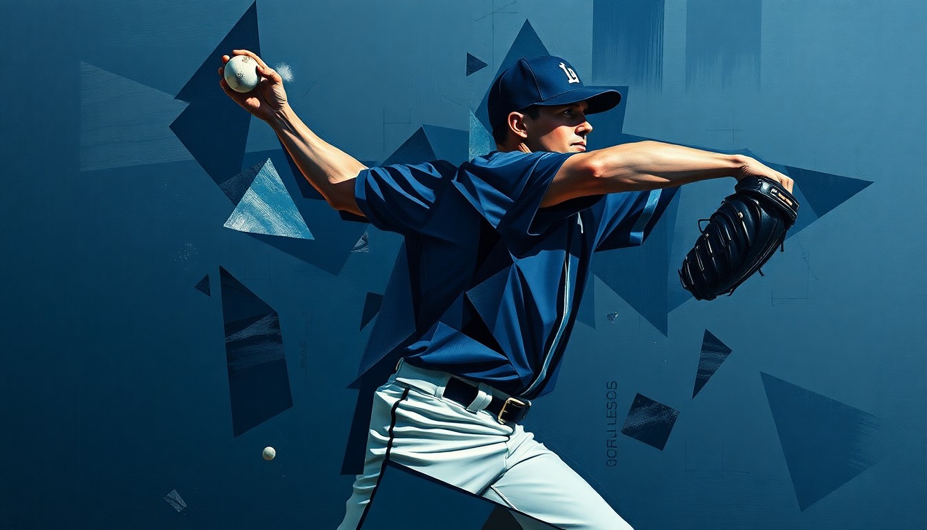 A cubist, geometric painting depicting the fractured, overlapping motion of a baseball pitcher's throwing action, rendered in a dark, moody color palette that conceptually represents the challenges the Astros face without their star closer.