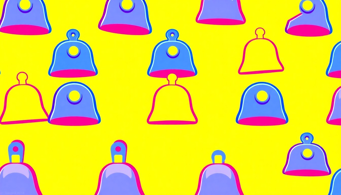 A bold, graphic illustration featuring a repeating icon of a school bell in a grid pattern, rendered in a high-contrast, neon color palette, conceptually representing the sensitive and disruptive nature of allegations against school staff.