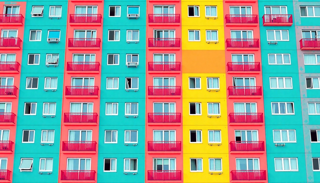 A bold, stylized illustration of a modern apartment building facade in a repeating grid of bright, neon-like colors, conceptually representing the new affordable housing development in downtown San Antonio.