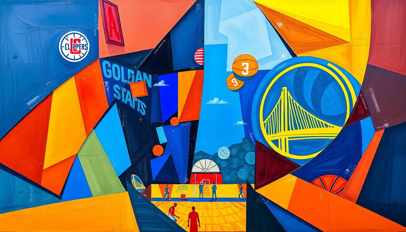 A cubist, geometric painting depicting a basketball game, with sharp, overlapping planes of color representing the players and action on the court.