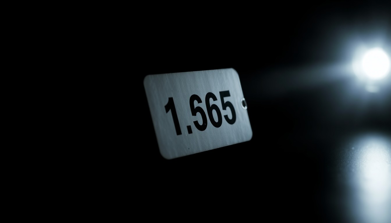 An extreme close-up photograph of a police evidence marker, such as a numbered placard or tag, lit by a harsh, direct camera flash against a pitch-black background, creating a gritty, investigative aesthetic without depicting any violence, victims, or identifiable individuals.