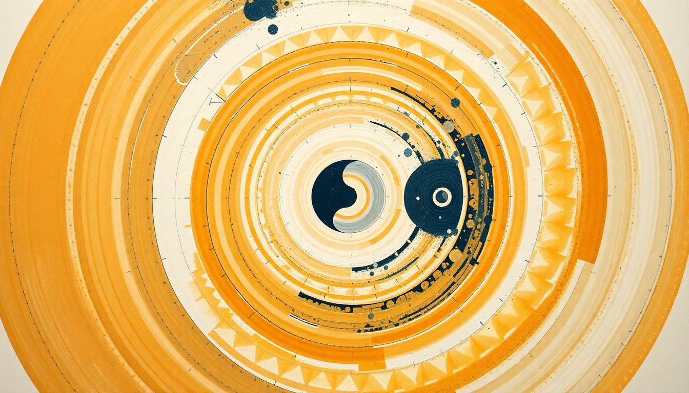 A bold, highly structured abstract painting in muted earth tones, featuring sweeping geometric arcs, concentric circles, and precise spirals, conceptually representing the complex scientific forces and systems that powered the Artemis II mission to the Moon.