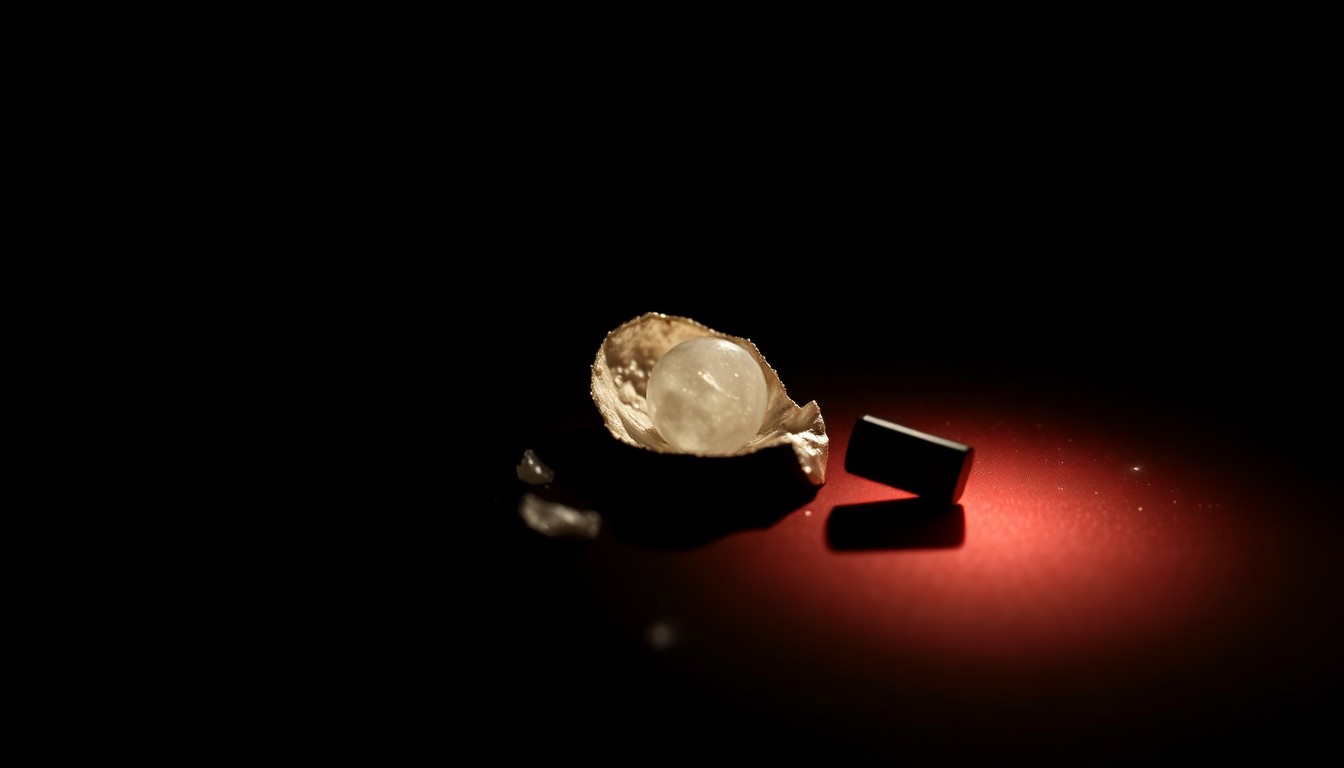 An extreme close-up photograph of a broken piece of jewelry against a pitch-black background, conceptually representing the violence and loss at the heart of this crime.