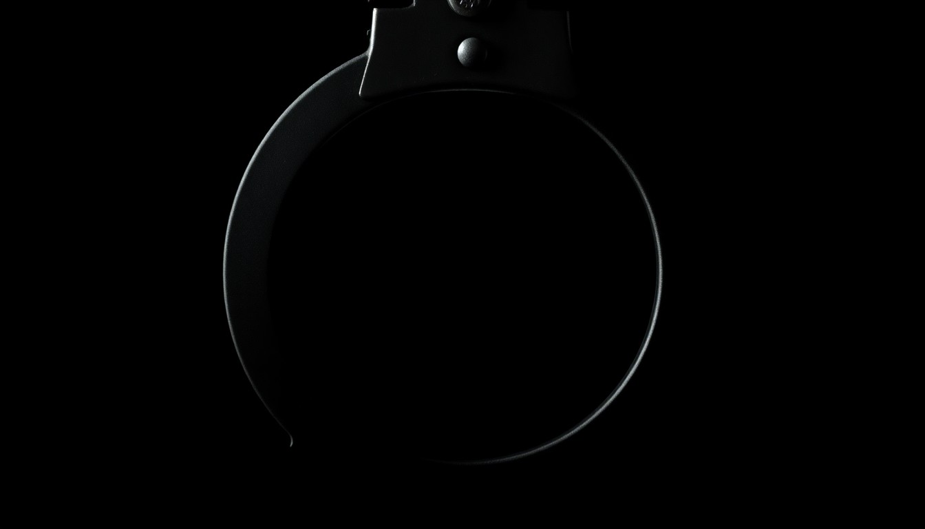 An extreme close-up photograph of a shiny metal police badge or handcuff, dramatically lit by a harsh, direct camera flash against a pitch-black background, conceptually representing the investigation into an officer's alleged misconduct during a protest.