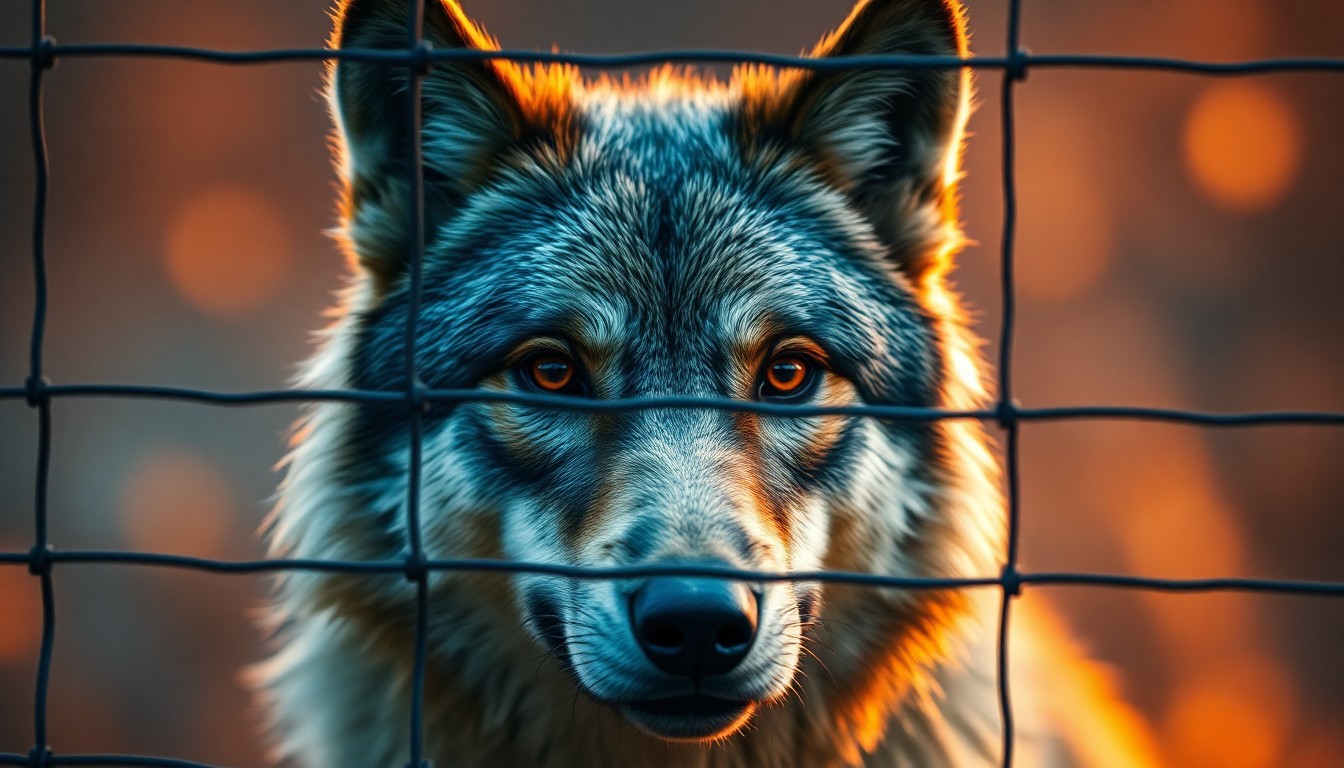 An abstract, impressionistic photograph of a wolf's face partially obscured by a wire fence, with the animal's eyes and muzzle visible through a hazy, softly lit composition.