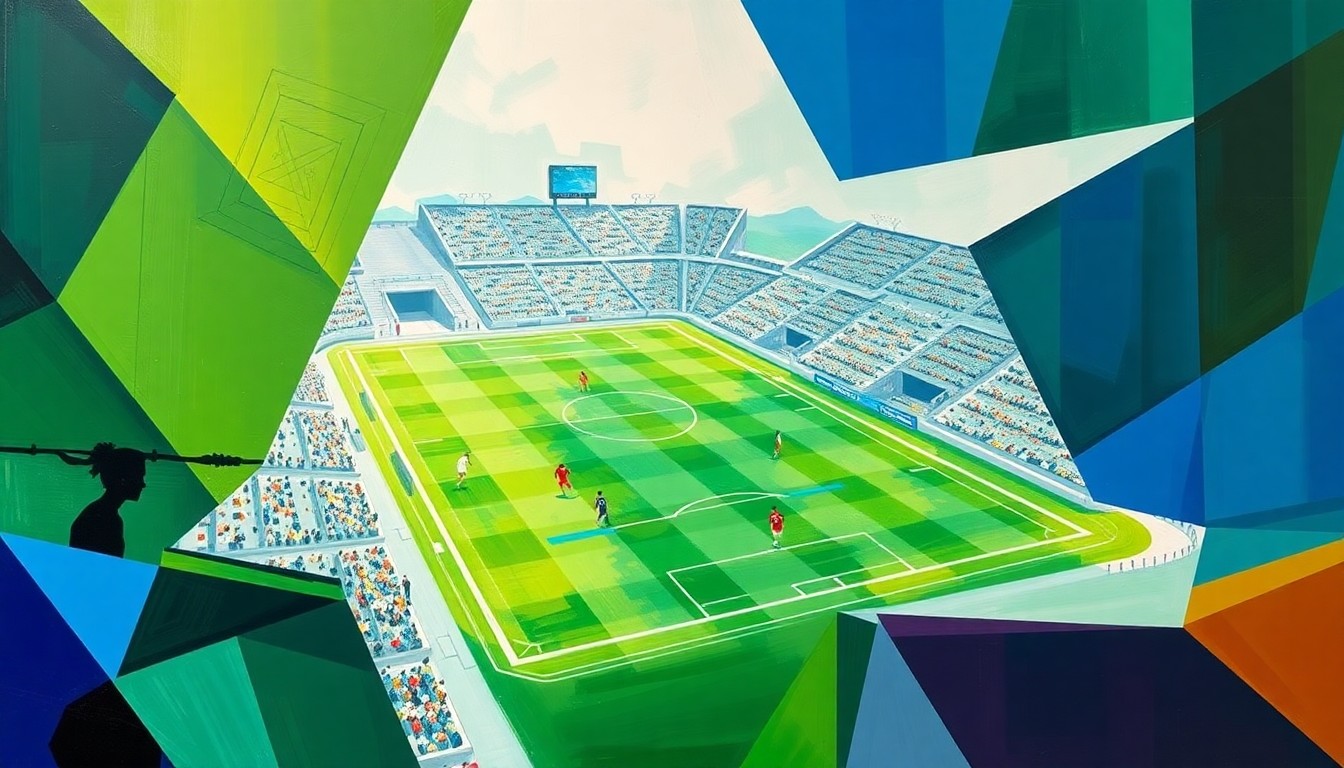 A cubist, geometric painting depicting a fragmented, multi-angled view of a women's soccer match, with sharp planes of green grass, blue sky, and white uniforms, conveying the energy and anticipation of the USWNT's match on the new World Cup field.