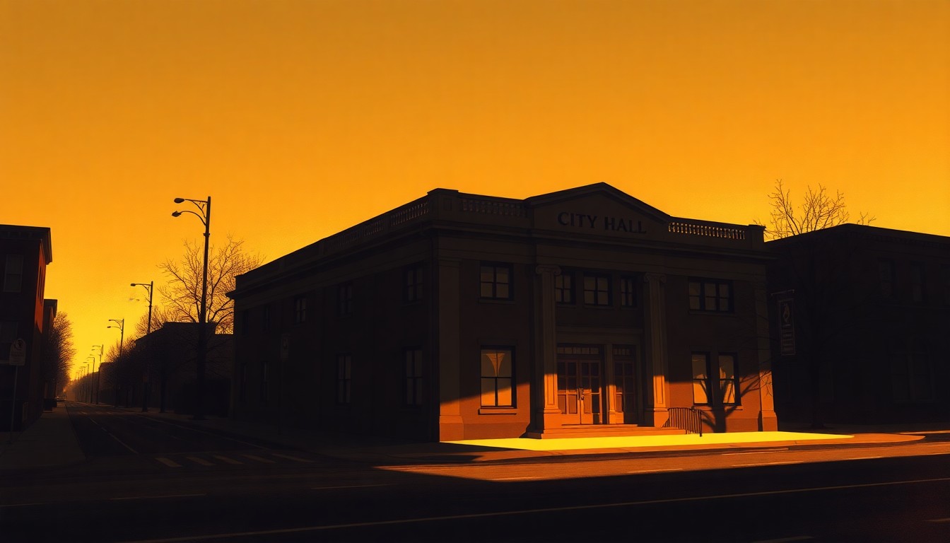 A serene, cinematic painting of a government building in Lexington, Kentucky, with warm sunlight casting long shadows across the facade, capturing the quiet contemplation of municipal fiscal planning.