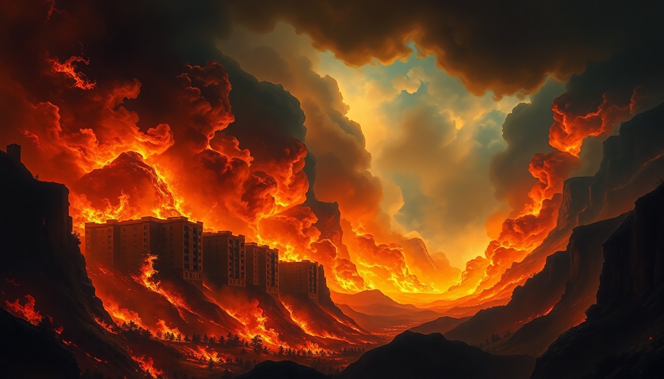 A sweeping, atmospheric landscape painting depicting a massive fire consuming a residential building, with the flames and smoke dwarfing the physical structure and conveying the overwhelming scale of the natural disaster.