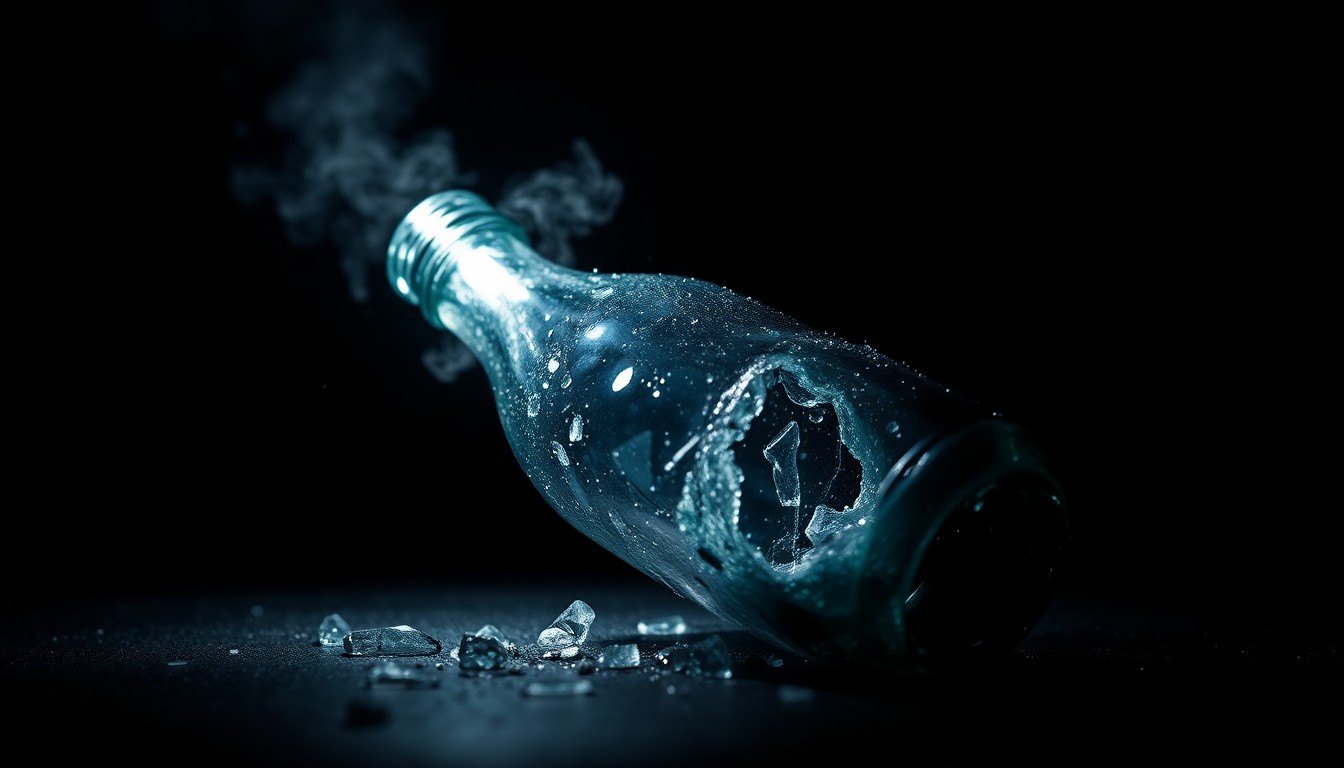 An extreme close-up photograph of the shattered remains of a glass bottle, conceptually representing the aftermath of a violent incident without depicting any actual violence or victims.