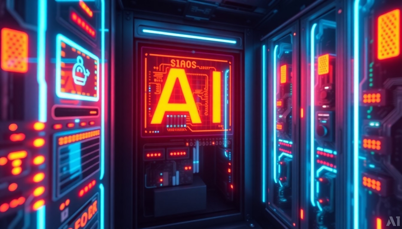 A highly detailed, glowing 3D illustration of a futuristic AI control panel or server rack, with pulsing neon lights and intricate circuitry, conceptually representing the transformative power of AI technology.