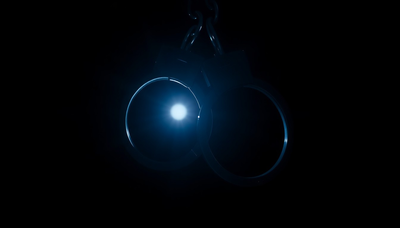 An extreme close-up of a pair of metal handcuffs reflecting a bright flash of light, conceptually representing the legal consequences faced by the former movie producer.