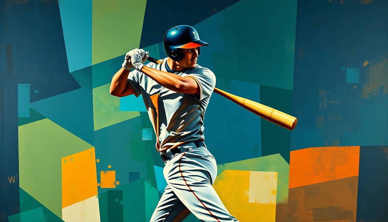 A cubist-style painting depicting a baseball player in mid-swing, with their body broken down into sharp, overlapping geometric shapes in a palette of deep blues, greens, and oranges, conveying the dynamic motion and energy of the sport.