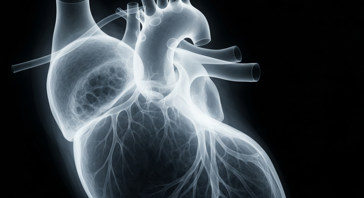 A translucent X-ray photograph revealing the intricate internal structure of a young human heart with a congenital defect, the ghostly, glowing lines of the heart's chambers and valves set against a dark background.
