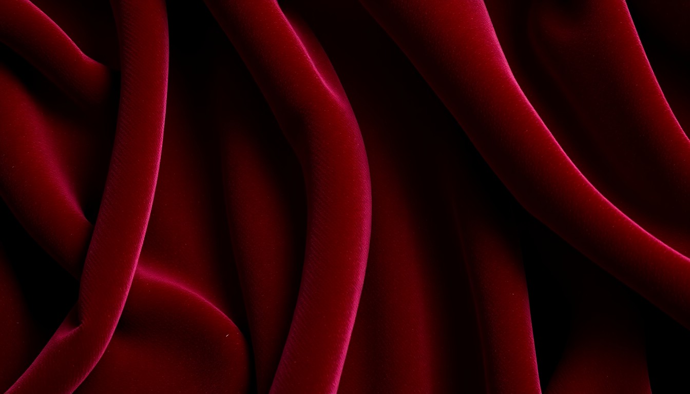 An extreme close-up photograph of rich, velvety burgundy fabric, capturing the luxurious and dramatic aesthetic of the Taylor Sheridan series 'The Madison.'