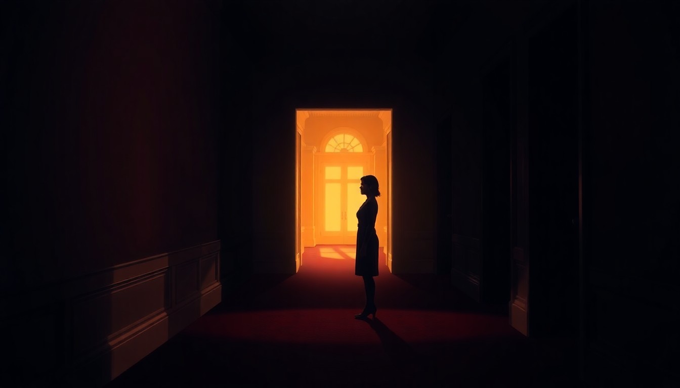 A solitary figure of a woman standing alone in a dimly lit government hallway, the warm diagonal light and deep shadows creating a contemplative, cinematic mood.