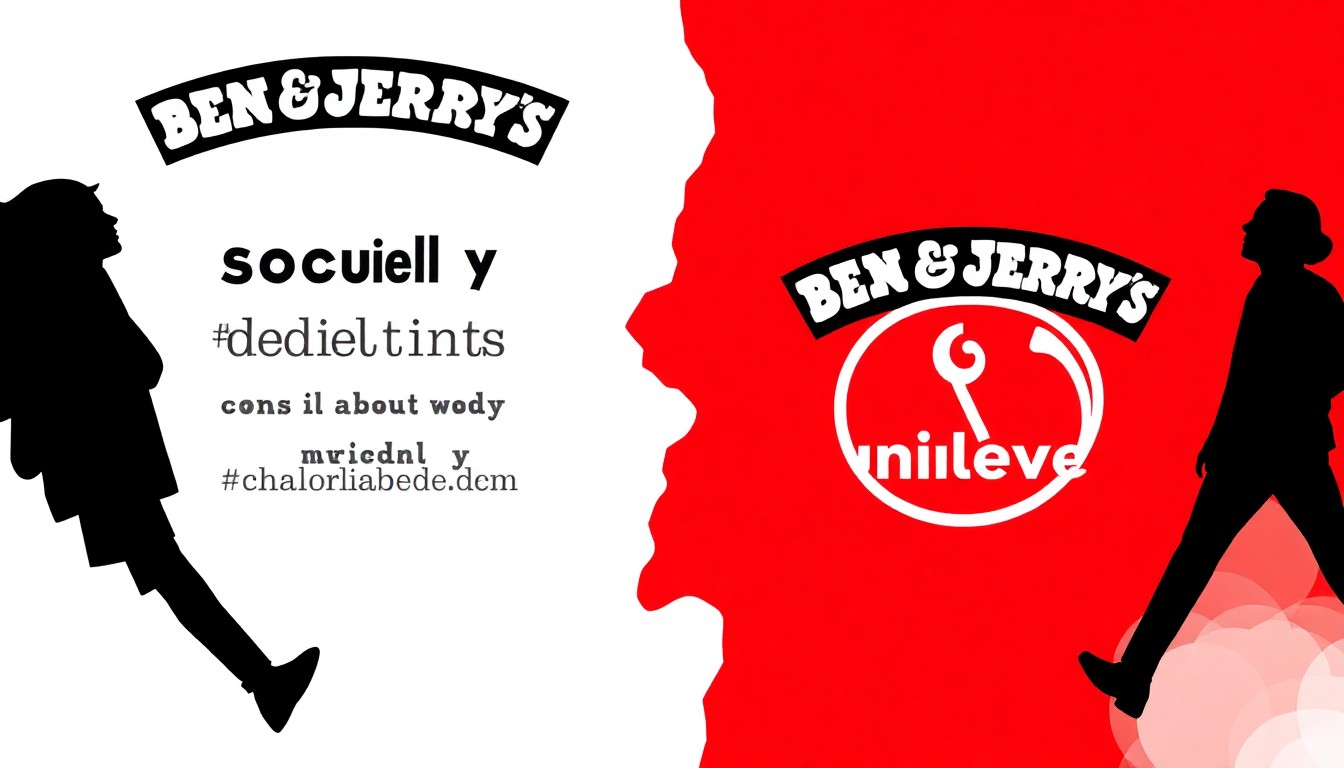 A bold, graphic illustration in the style of Saul Bass, using stark black silhouettes and high-contrast solid colors like red and white to represent the conflict between Ben & Jerry's social mission and its corporate ownership by Unilever.