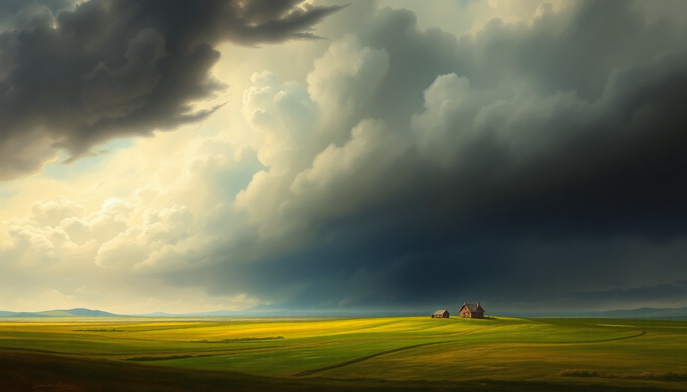 A dramatic landscape painting in muted tones, with a small farmhouse or barn dwarfed by a vast, stormy sky filled with heavy, ominous clouds, conveying the overwhelming scale and power of the approaching weather event.
